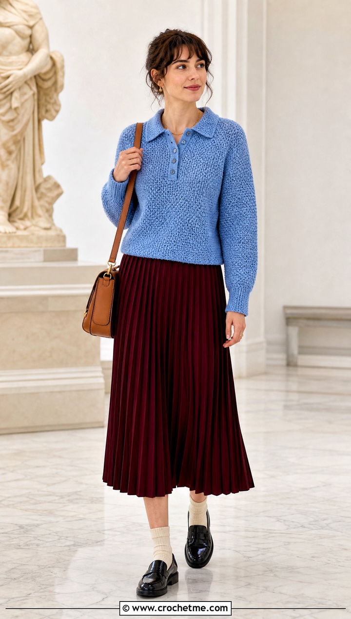 Polo Collar Moss Stitch Crochet Sweater With Pleated Midi Skirt - 25 Moss Stitch Crochet Sweater outfit ideas