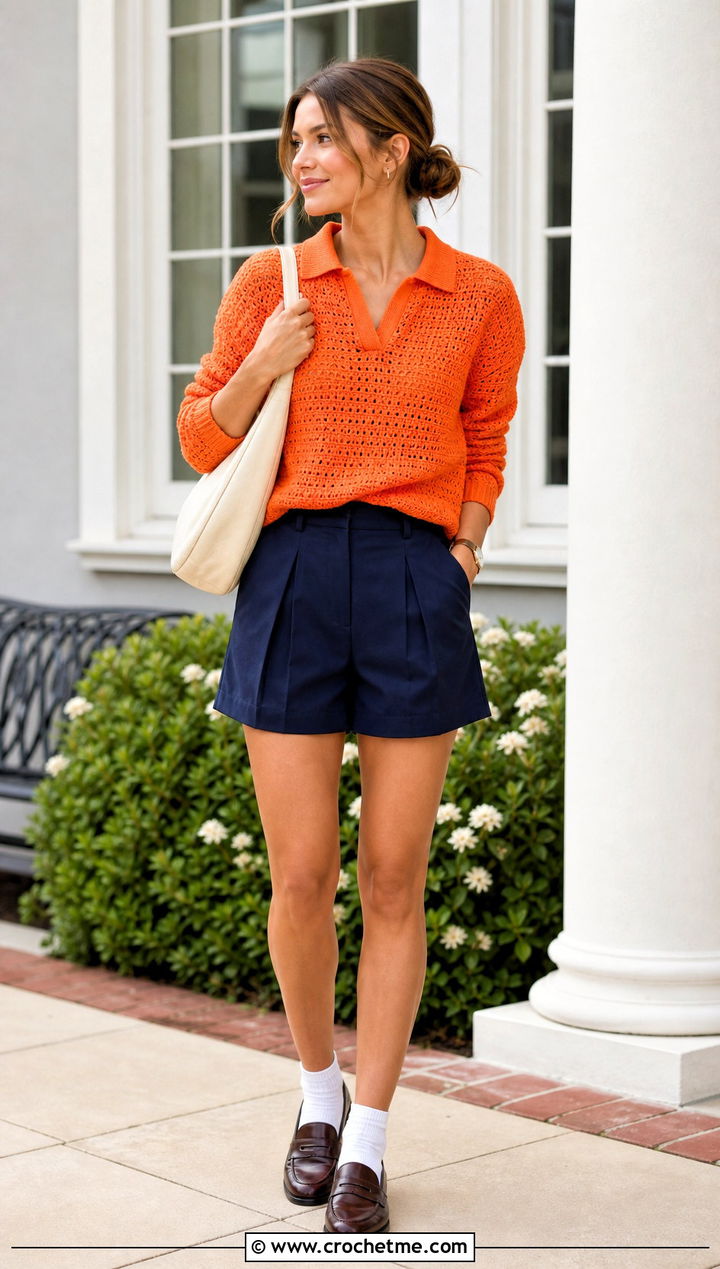 Polo Collar Orange Crochet Sweater With Pleated Shorts - 15 orange crochet sweater design outfit ideas