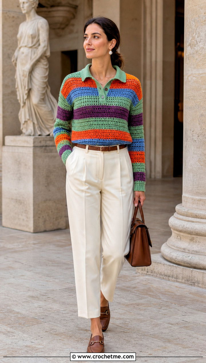 Polo Collar Rainbow Striped Crochet Sweater With Pleated Trousers - 15 rainbow striped crochet sweater outfit ideas