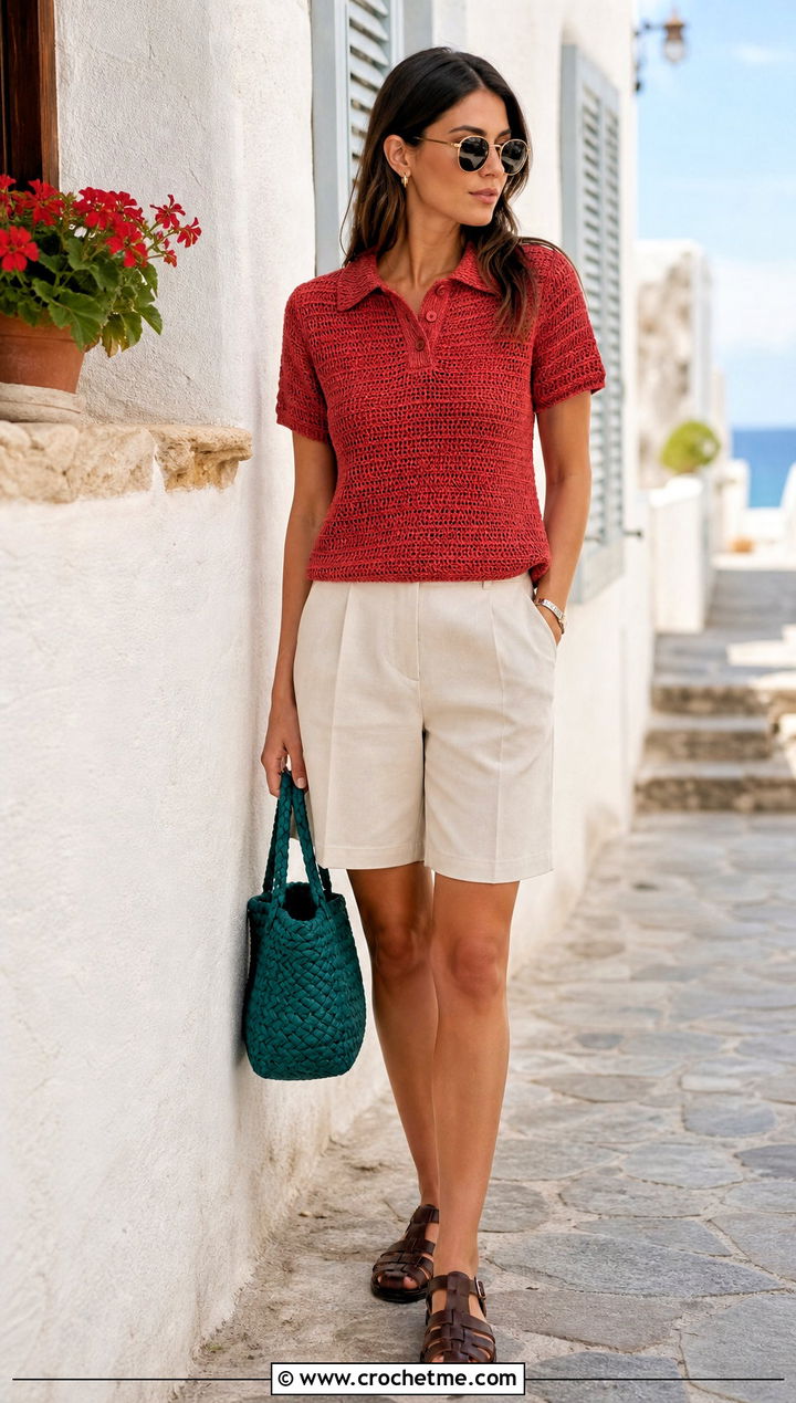 Polo Collar Rustic Red Crochet Sweater With Bermuda Shorts - 15 rustic red crochet sweater outfit ideas