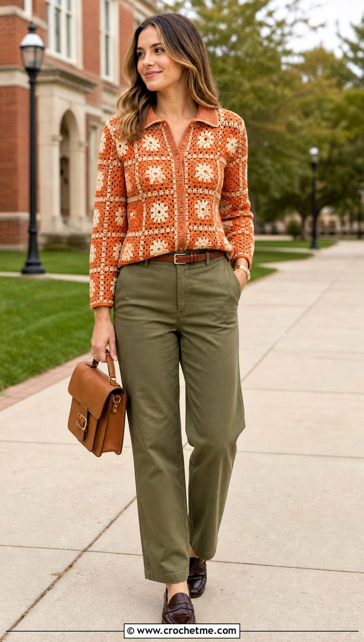 Polo Collar Square Crochet Sweater With Chino Pants - 25 Square Crochet Sweater outfit ideas