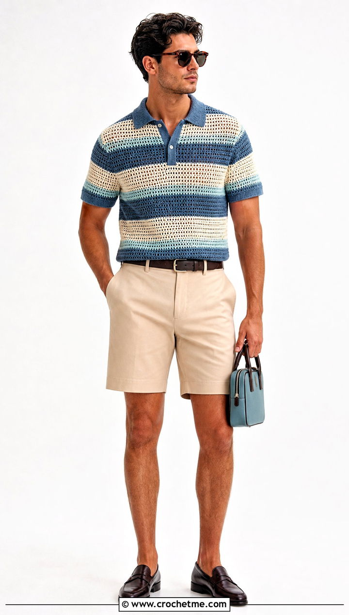 Polo Collar Striped Crochet Sweater With Bermuda Shorts - 30 striped crochet sweater outfit ideas