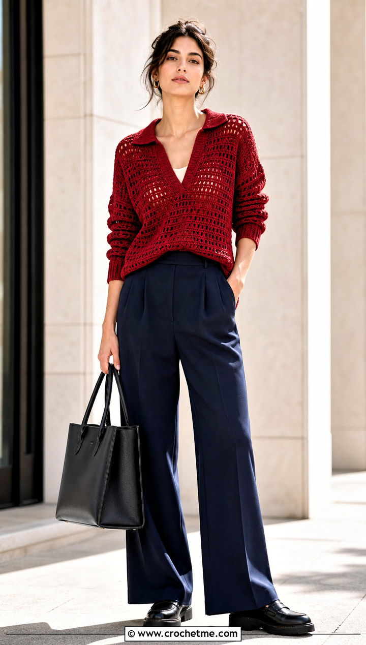 Polo Collar V Stitch Crochet Sweater With Pleated Trousers - 25 V Stitch Crochet Sweater outfit ideas
