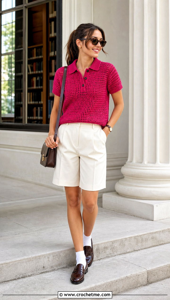 Polo Crochet Blouse With Bermuda Shorts - 15 Beginner Crochet Blouse outfit ideas