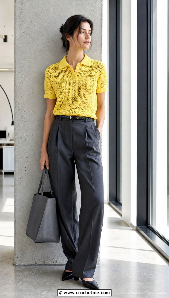 Polo Crochet Collar Top With Pleated Trousers - 25 Crochet Collar Top outfit ideas
