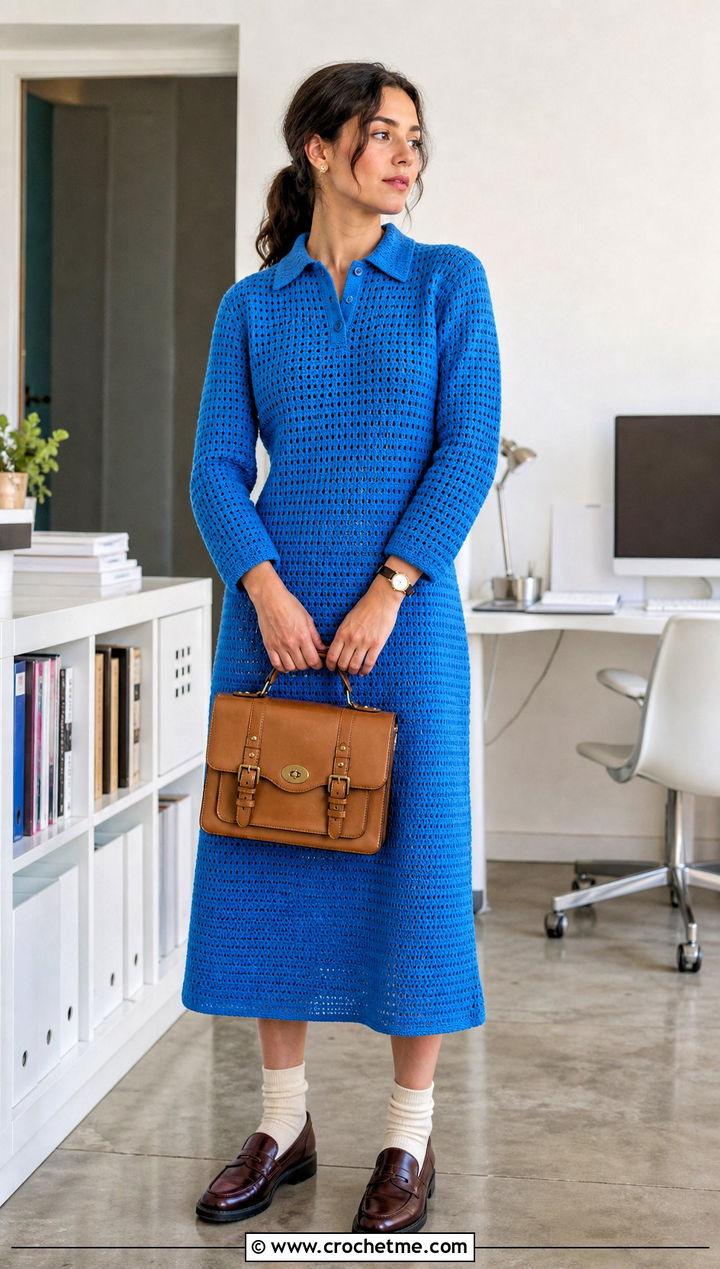 Polo Crochet Dress With Loafers - 35 long sleeve crochet dress outfit ideas