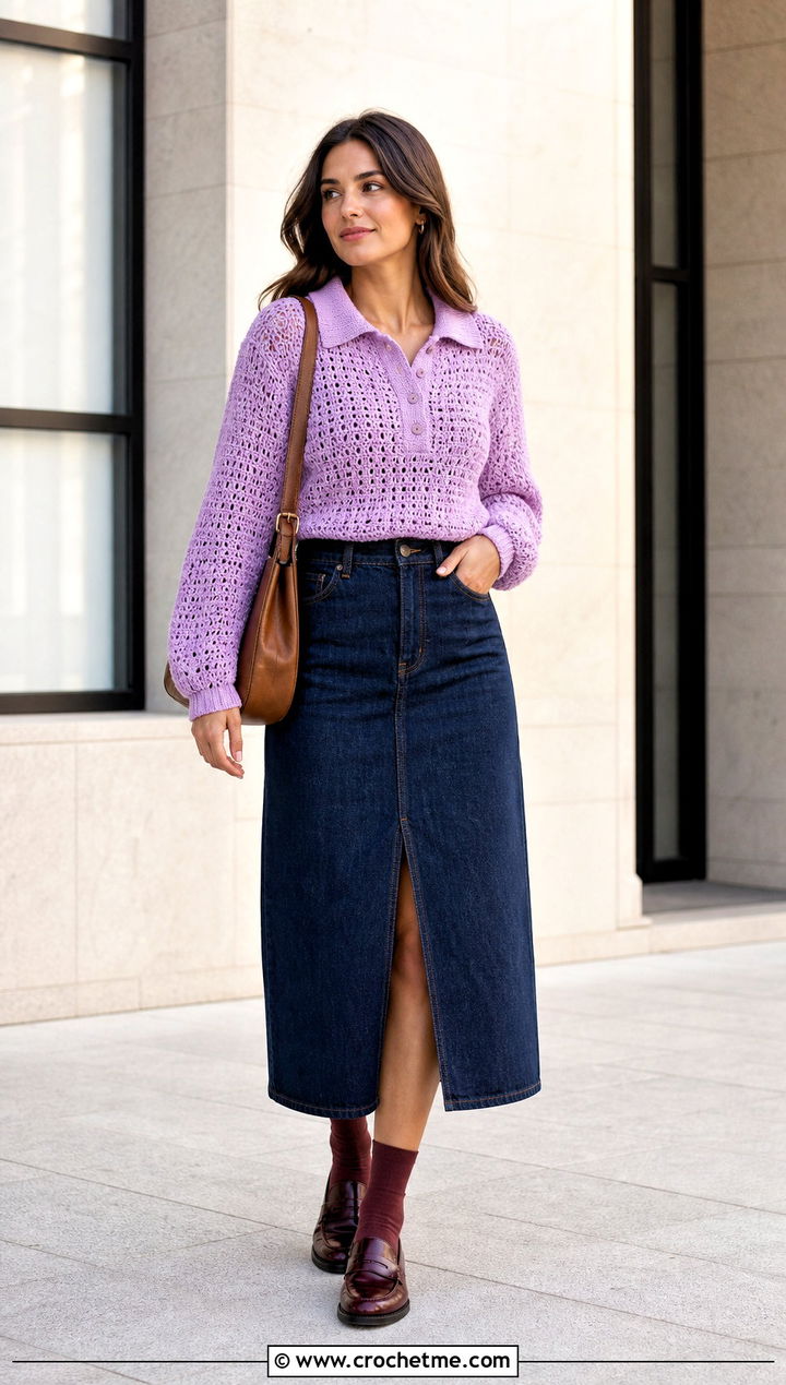 Polo Crochet Spring Sweater With Denim Midi Skirt - 35 crochet spring sweater outfit ideas