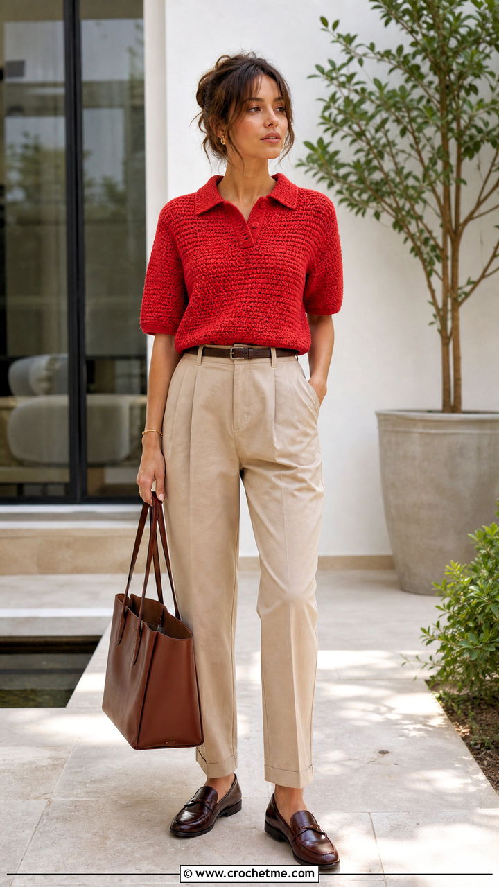 Polo Crochet Sweater With Pleated Trousers - 35 crochet sweaters women outfit ideas