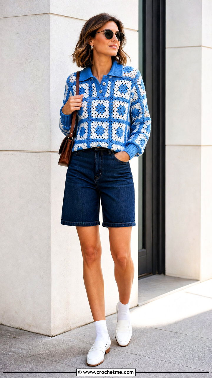 Polo Granny Square Sweater With Denim Bermuda Shorts - 35 4 Granny Square Sweater outfit ideas