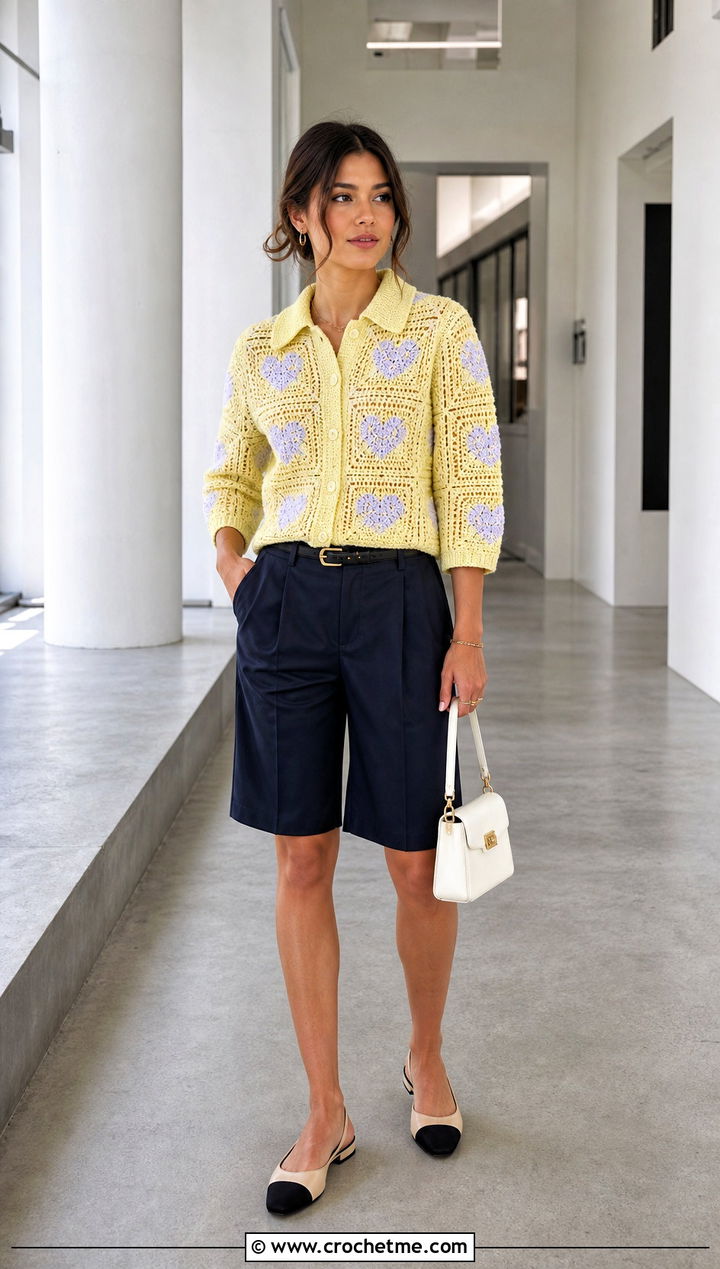 Polo Heart Granny Square Cardigan With Navy Bermuda Shorts - 35 Heart Granny Square Cardigan outfit ideas