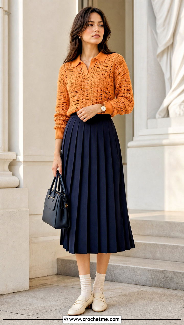 Polo Light Crochet Sweater With Pleated Skirt - 25 Light Crochet Sweater outfit ideas