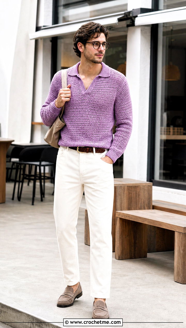 Polo Neck Crochet Jumper With White Jeans - 25 mens crochet jumper outfit ideas