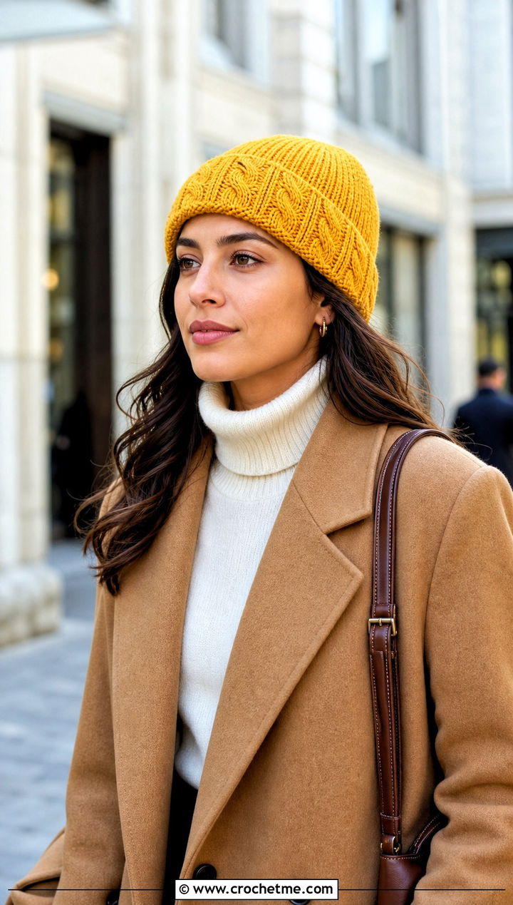 Pom Free Crochet Cable Beanie With Camel Coat - 25 crochet cable beanie outfit ideas