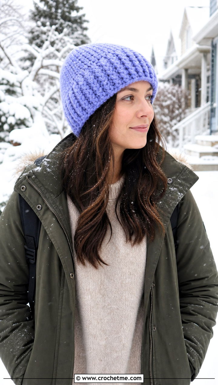 Pom Free Snowy Puff Crochet Hat With Parka And Leggings - 15 snowy puff crochet hat outfit ideas