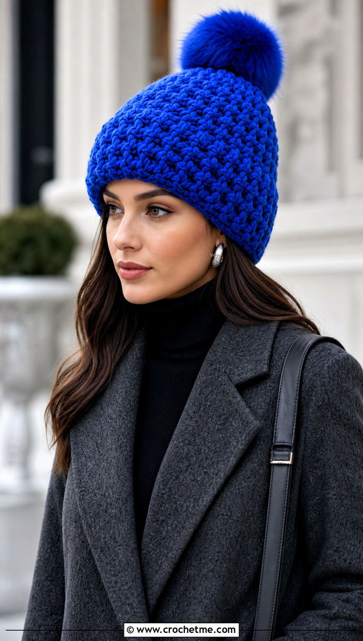 Pom Pom Alpine Stitch Hat With Tailored Coat - 15 Alpine Stitch Crochet Hat outfit ideas