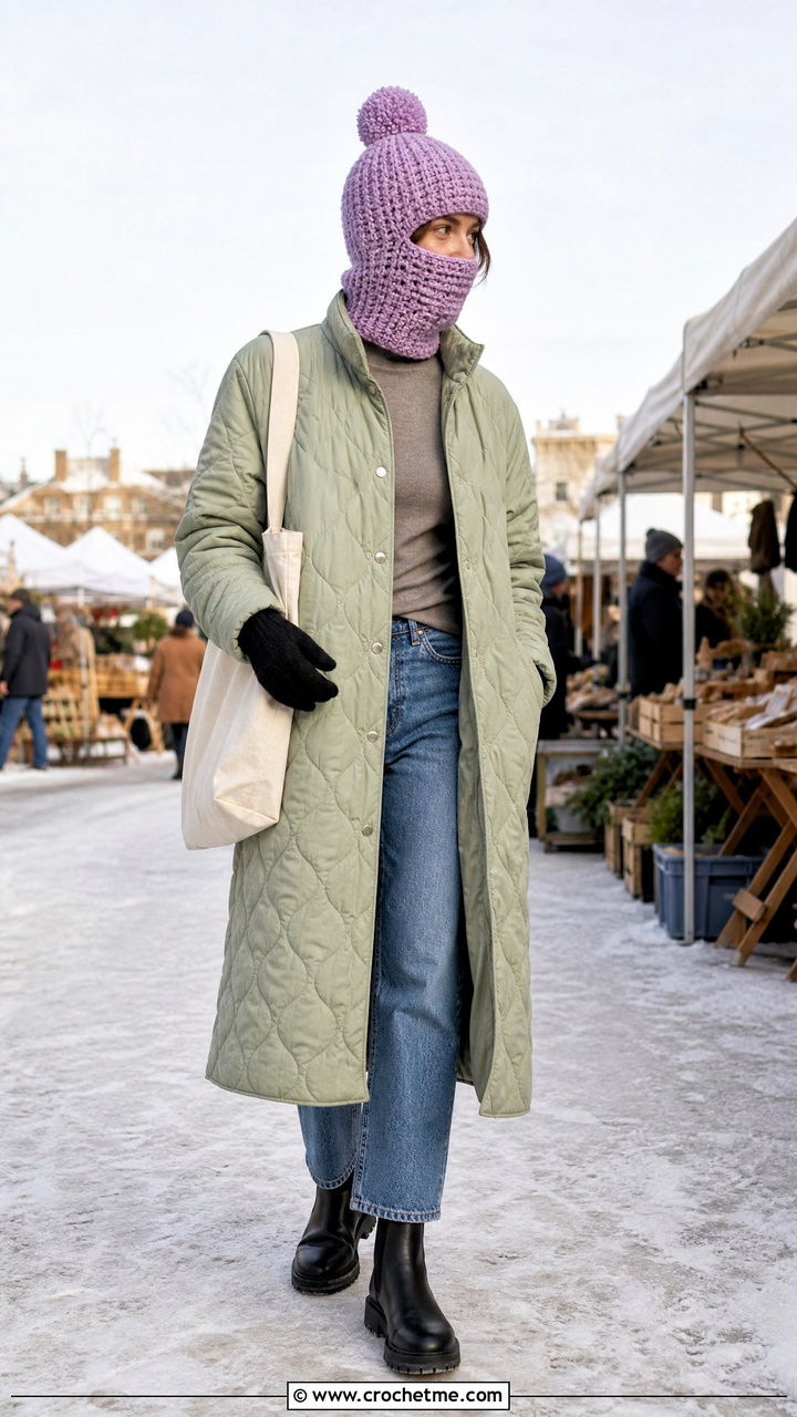 Pom Pom Balaclava With Quilted Coat - 35 crochet baclava hat outfit ideas