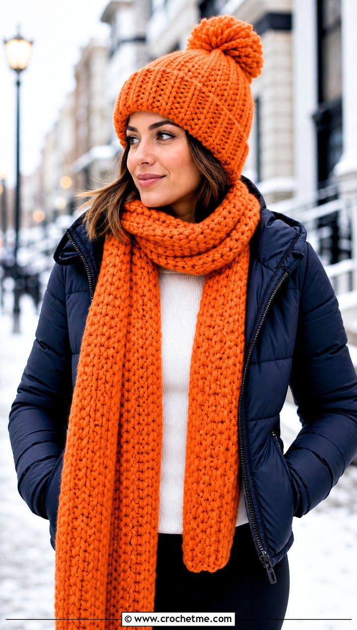 Pom Pom Beanie And Chunky Scarf With Puffer Jacket - 30 crochet hat and scarf outfit ideas