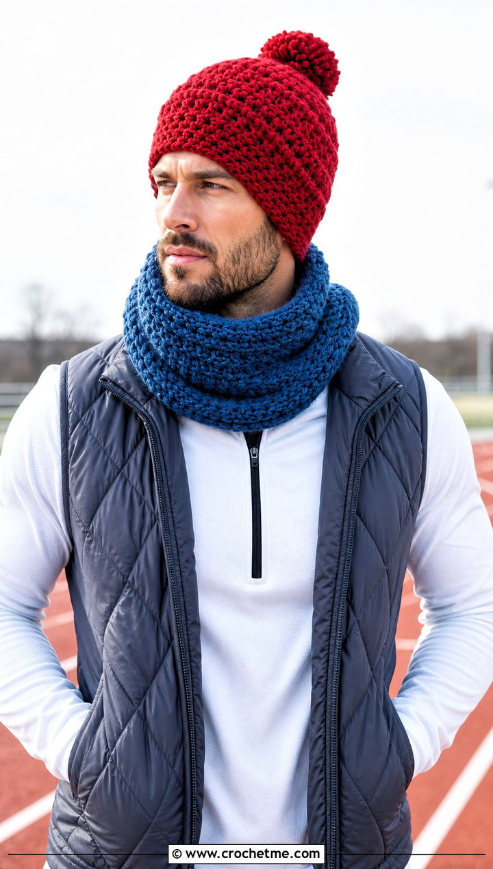 Pom Pom Beanie And Cowl Scarf With Sporty Layers - 15 Mens Crochet Hat And Scarf outfit ideas