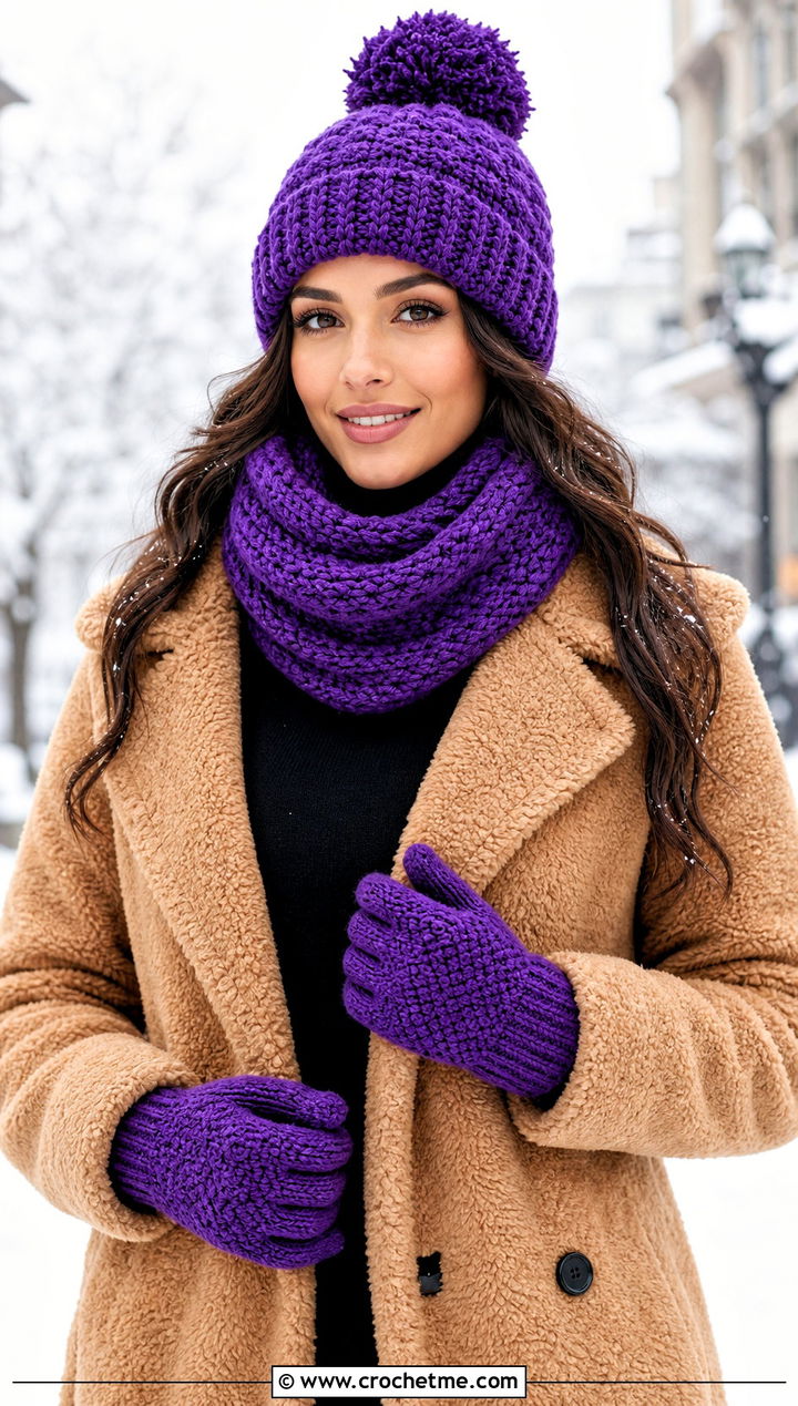 Pom Pom Beanie Cowl Scarf And Gloves With Teddy Coat - 25 crochet hat scarf gloves set outfit ideas