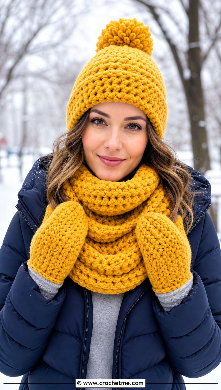 Pom Pom Beanie Infinity Scarf And Mittens With Puffer Jacket - 25 crochet hat scarf gloves set outfit ideas