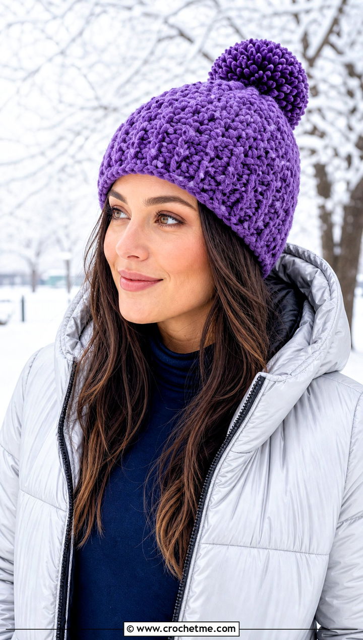 Pom Pom Beanie With Puffer Jacket - 25 one skein crochet hat outfit ideas