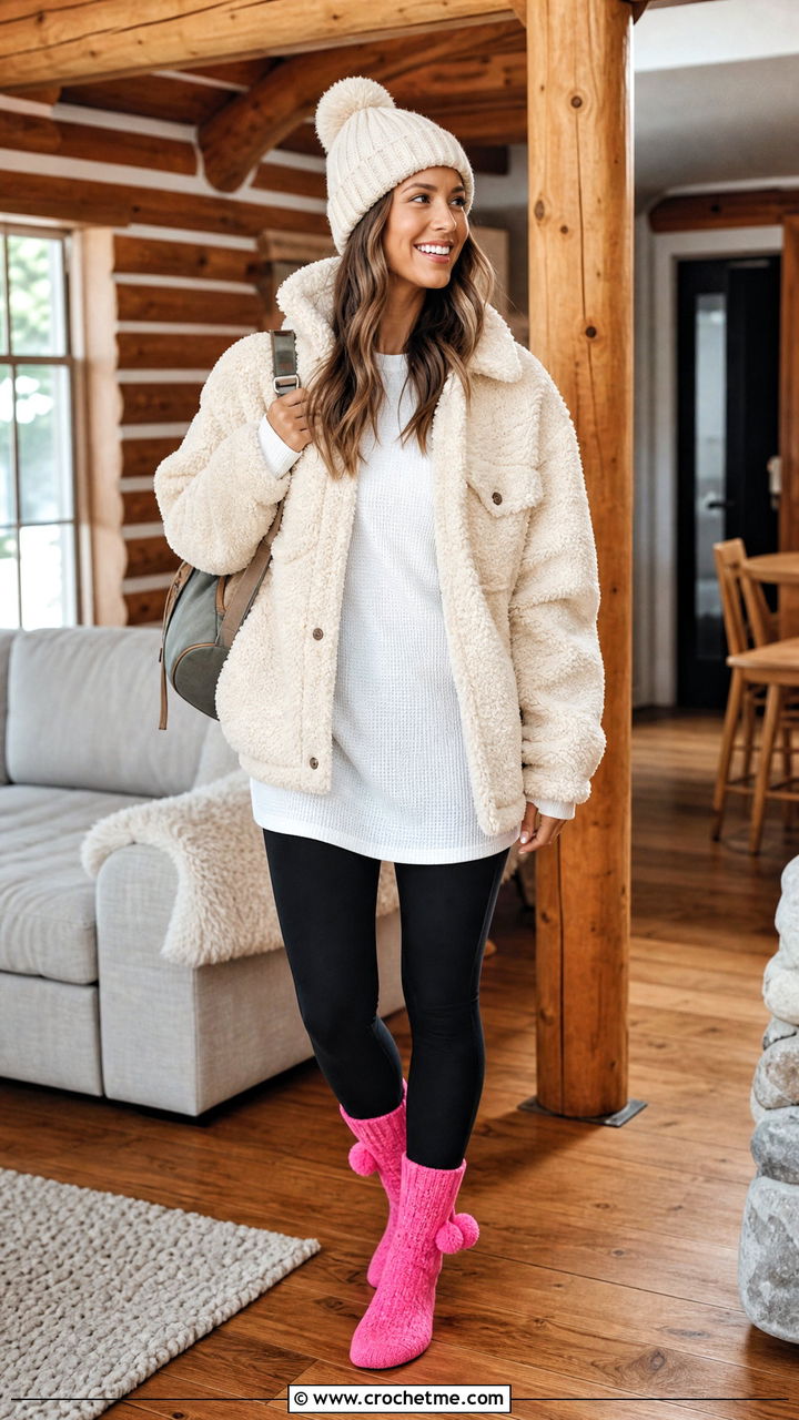 Pom Pom Bed Socks With Sherpa Jacket - 35 crochet bed socks outfit ideas