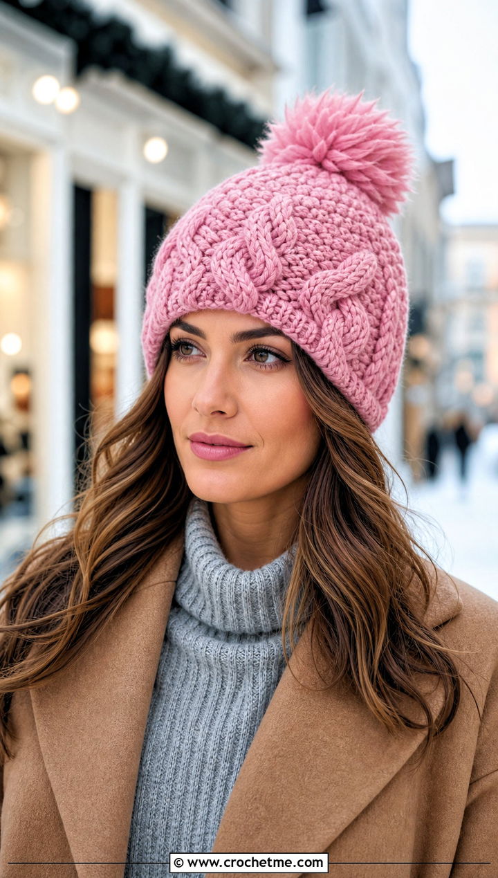 Pom Pom Braided Cable Beanie With Sweater Dress - 15 Braided Crochet Beanie outfit ideas