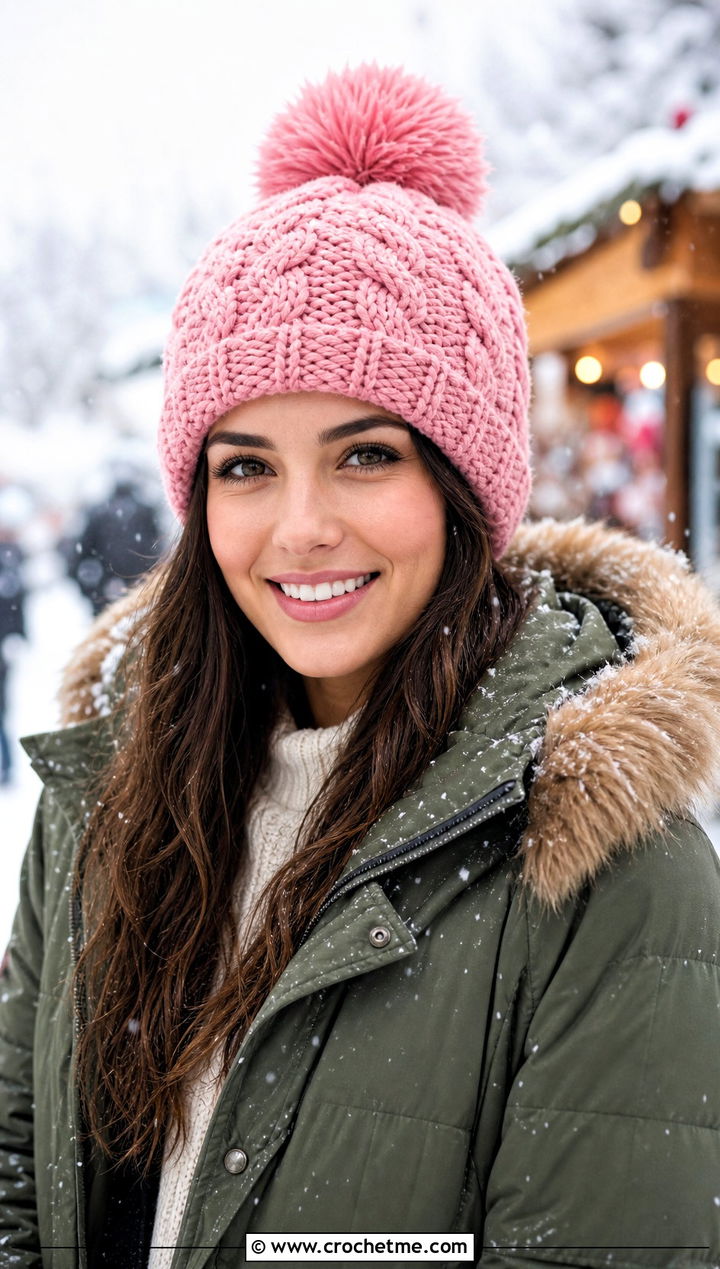 Pom Pom Braided Cable Crochet Beanie With Parka - 15 cabled crochet beanie design outfit ideas
