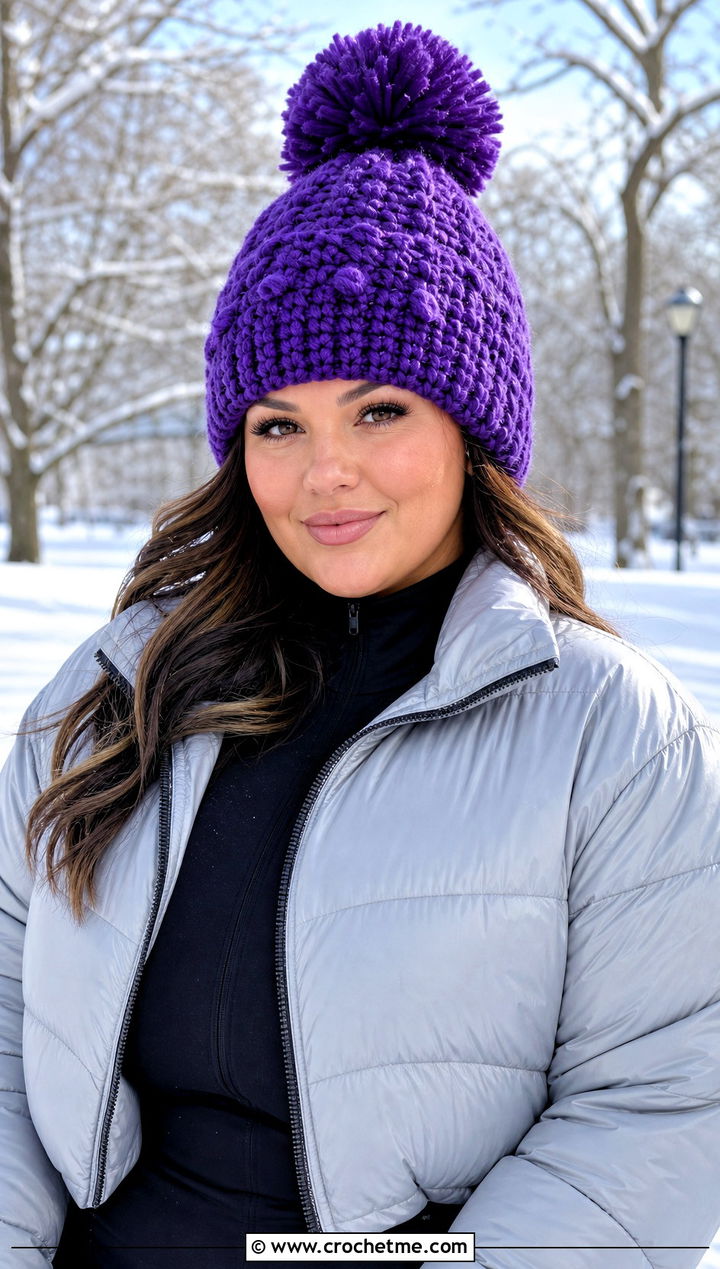 Pom Pom Bulky Crochet Beanie With Puffer Jacket - 30 bulky crochet beanie outfit ideas