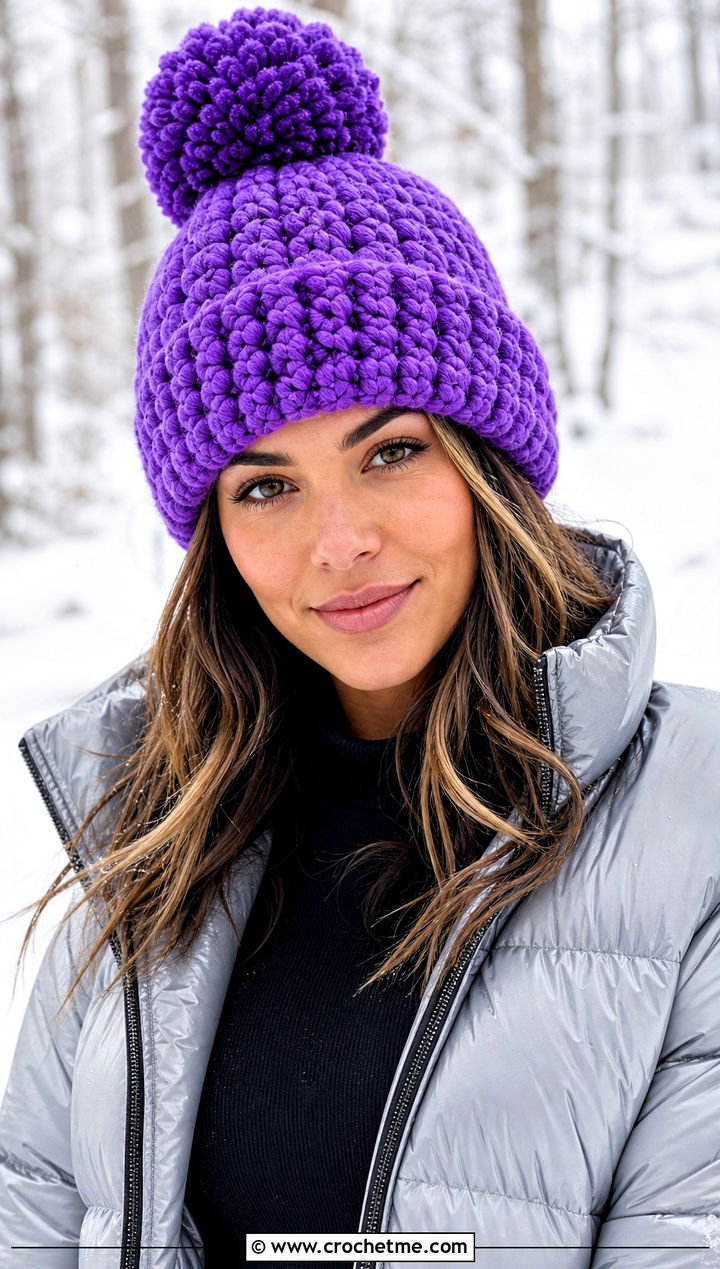 Pom Pom Bulky Yarn Crochet Beanie With Puffer Jacket - 30 bulky yarn crochet beanie outfit ideas