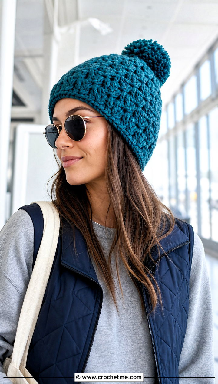 Pom Pom Burst Crochet Beanie With Matching Lounge Set - 15 burst crochet beanie outfit ideas