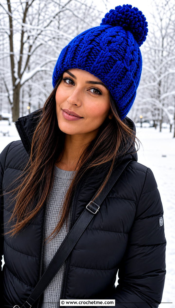 Pom Pom Cable Crochet Hat With Puffer Jacket - 25 Cable Crochet Hat outfit ideas