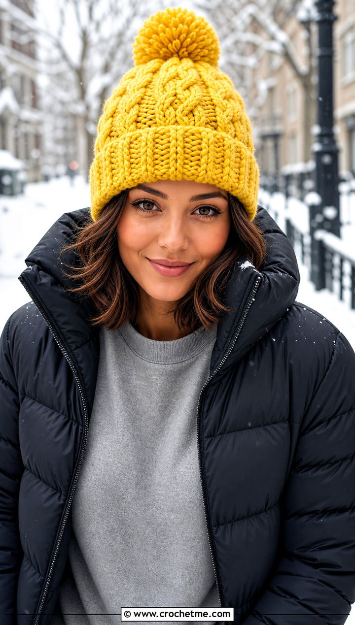 Pom Pom Cable Stitch Hat With Puffer Coat - 25 Crochet Cable Stitch Hat outfit ideas