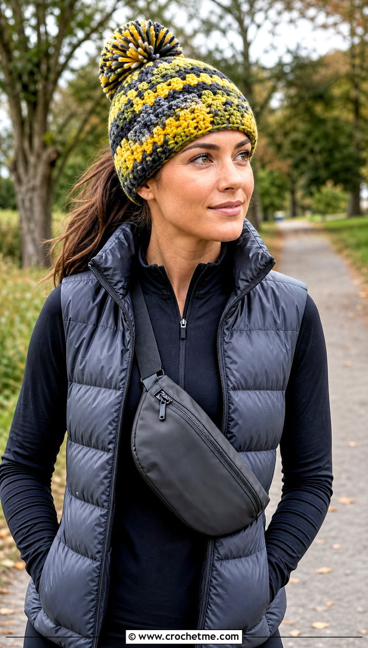 Pom Pom Camo Crochet Beanie With Puffer Vest - 20 Camo Beanie Crochet Hat outfit ideas