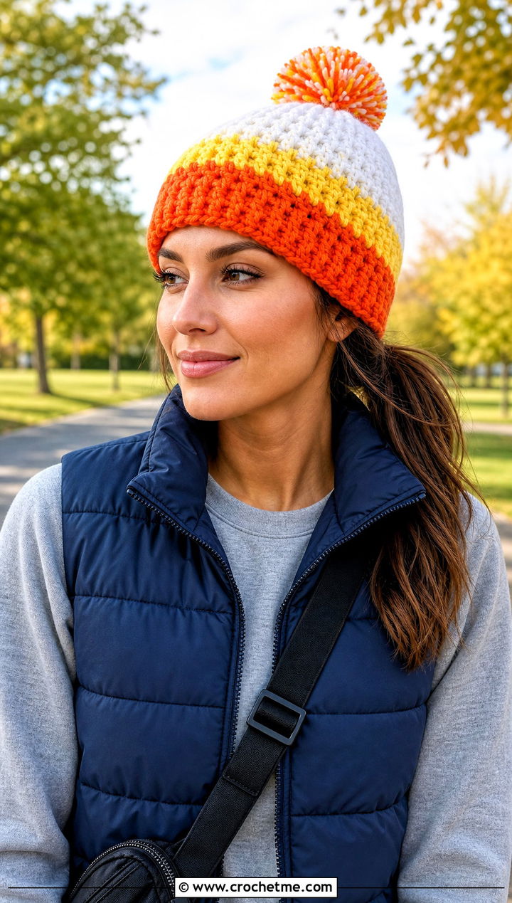 Pom Pom Candy Corn Crochet Beanie With Puffer Vest - 15 candy corn crochet beanie outfit ideas
