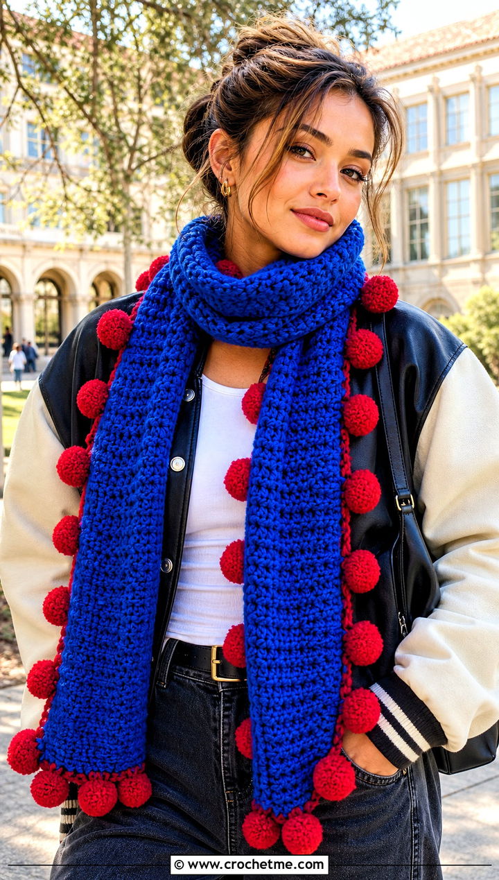 Pom Pom Candy Scarf With Varsity Jacket - 15 crochet candy scarf outfit ideas