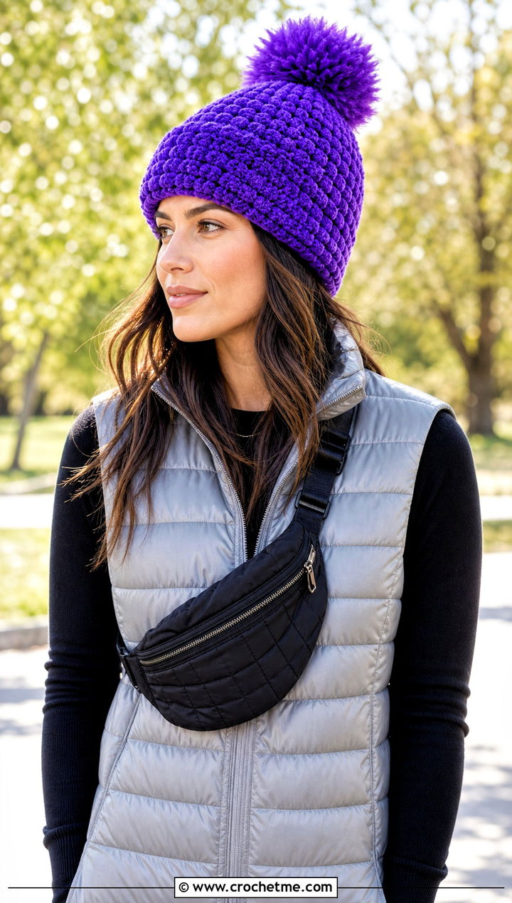 Pom Pom Chenille Beanie With Puffer Vest - 30 crochet chenille hat outfit ideas
