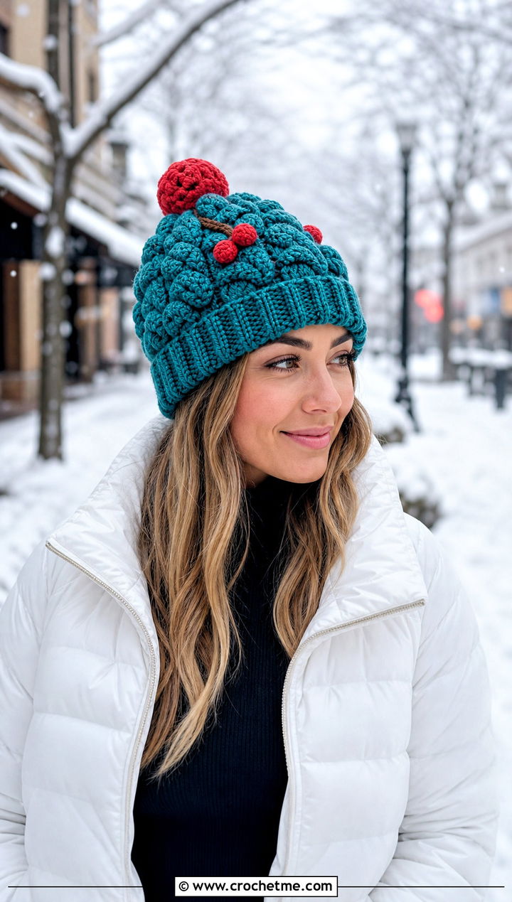 Pom Pom Cherry Crochet Cupcake Beanie With Puffer Jacket - 15 Crochet Cupcake Beanie outfit ideas