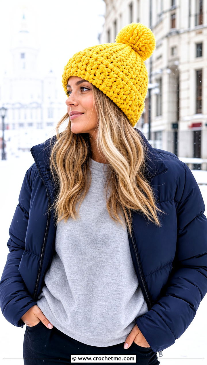 Pom Pom Chunky Crochet Beanie With Puffer Jacket - 15 Simple Chunky Crochet Hat outfit ideas