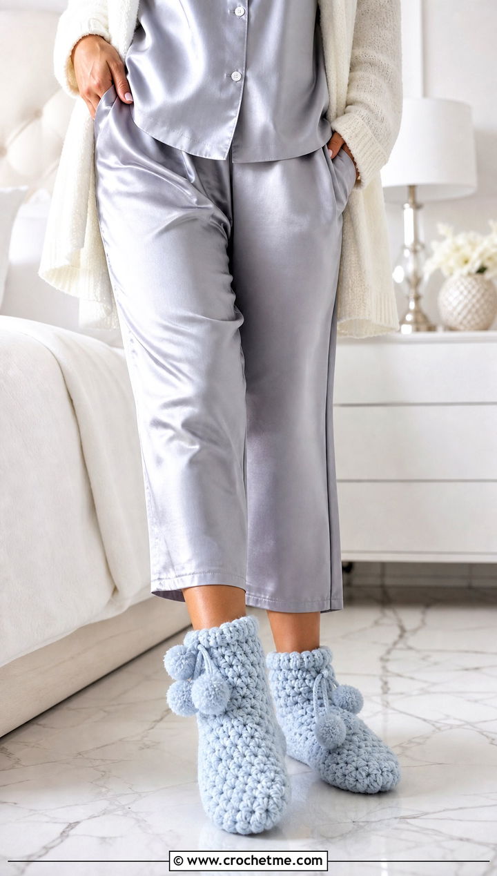 Pom Pom Chunky Crochet Slipper Socks With A Satin Set - 15 crochet sock chunky yarn outfit ideas