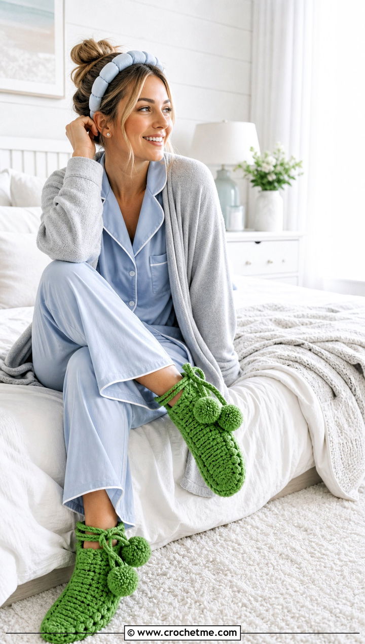 Pom Pom Chunky Crochet Slipper Socks With Pajama Set - 15 chunky crochet slipper socks outfit ideas