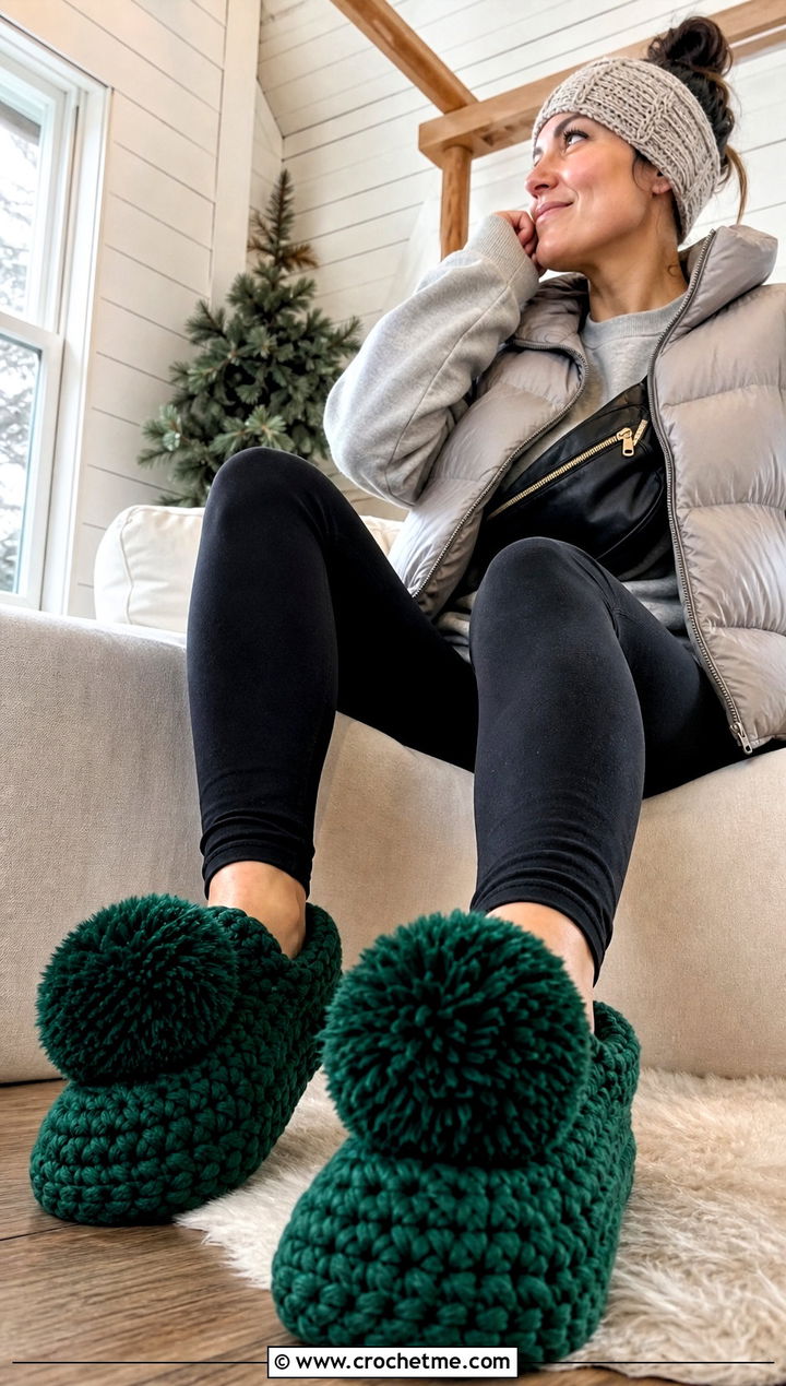 Pom Pom Chunky Crochet Slippers With Puffer Vest and Leggings - 30 chunky crochet slippers outfit ideas
