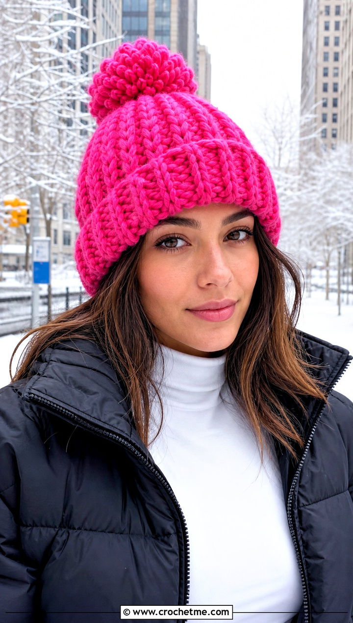 Pom Pom Chunky Ribbed Crochet Hat With Puffer Jacket - 25 Chunky Ribbed Crochet Hat outfit ideas