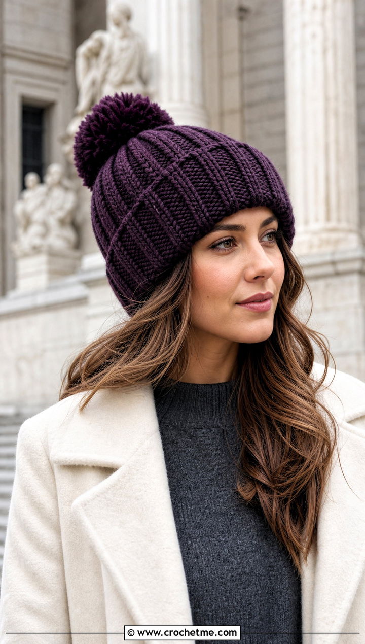 Pom Pom Chunky Ribbed Slouch Hat With Sweater Dress - 25 Chunky Ribbed Crochet Hat outfit ideas