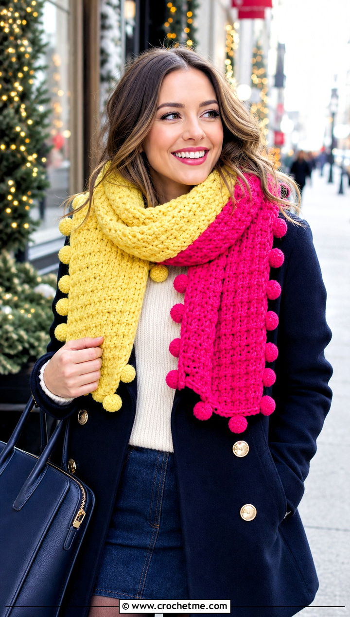 Pom Pom Color Block Crochet Scarf With Peacoat - 25 Color Block Crochet Scarf outfit ideas