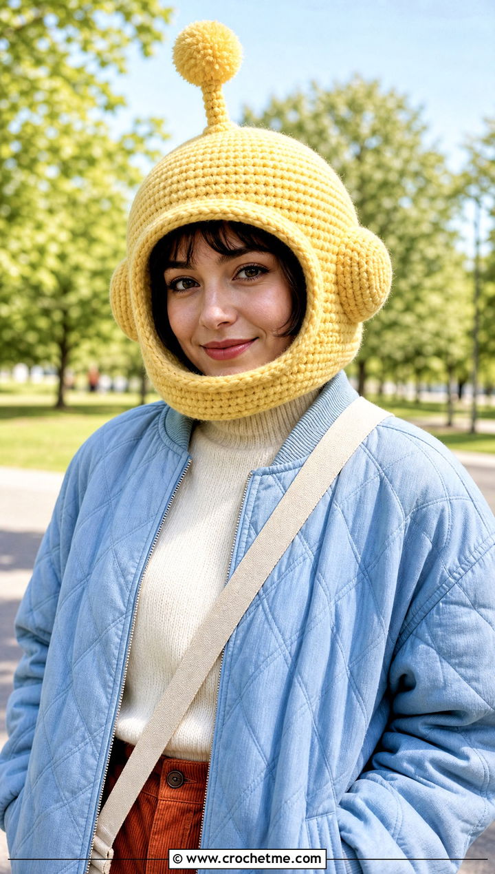 Pom Pom Crochet Astronaut Helmet With Quilted Jacket And Corduroy Pants - 15 Crochet Astronaut Hat outfit ideas