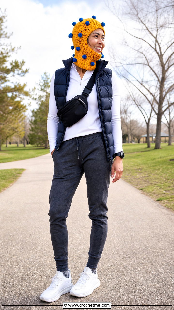 Pom Pom Crochet Balaclava With Puffer Vest And Joggers - 35 crochet balaclava outfit ideas