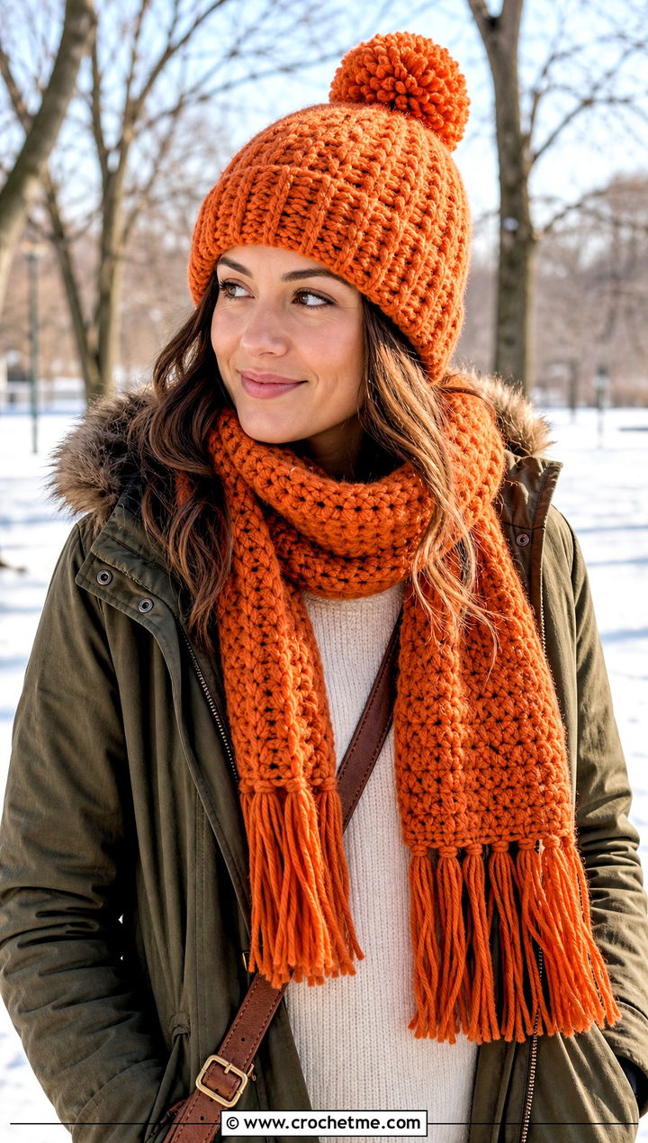 Pom Pom Crochet Beanie And Fringed Scarf Set With Parka - 30 crochet beanie and scarf set outfit ideas