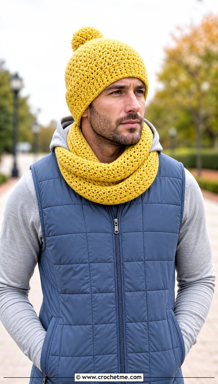 Pom Pom Crochet Beanie And Infinity Scarf With Athleisure - 20 Crochet Mens Hat And Scarf outfit ideas