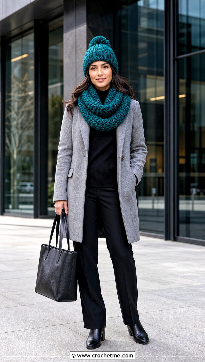 Pom Pom Crochet Beanie And Infinity Scarf With Wool Coat - 35 crochet hat and scarf set outfit ideas